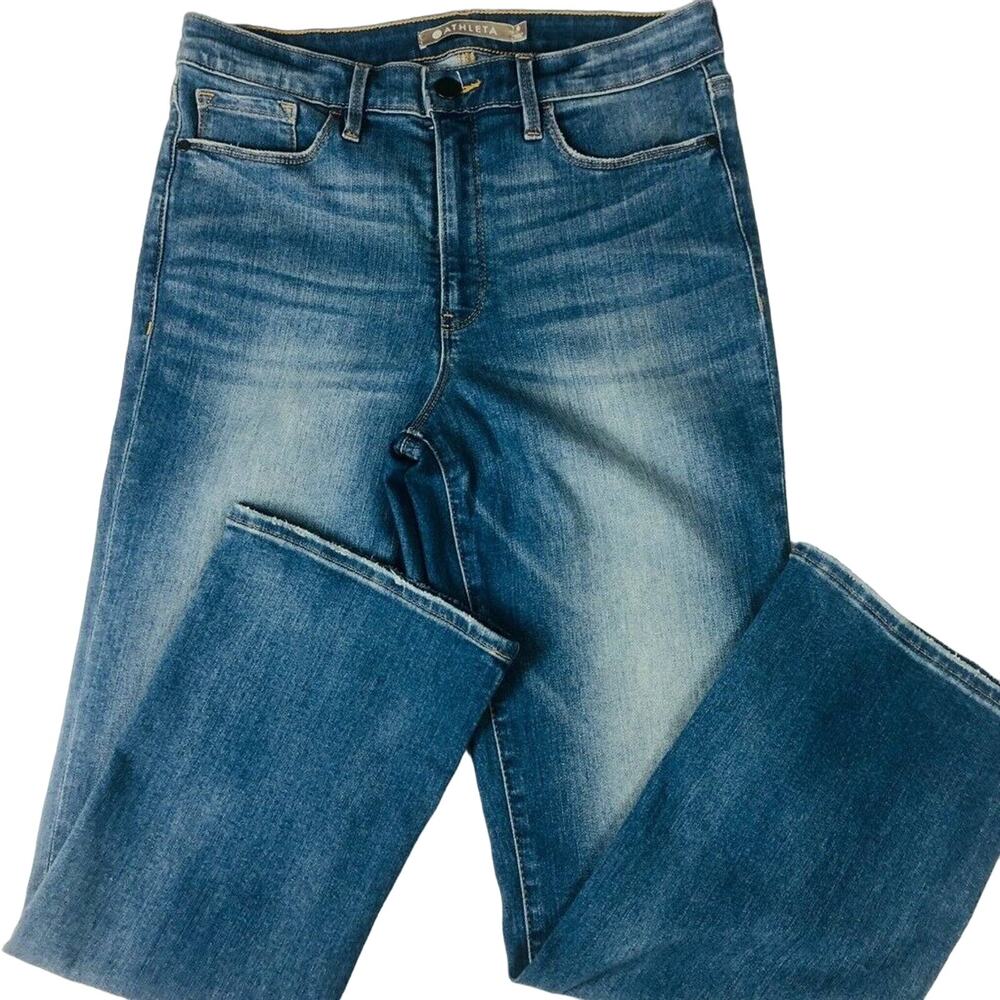 Athleta Womens Straight Jeans Blue Pockets Whiskered‎ Medium Wash Flat Front 8